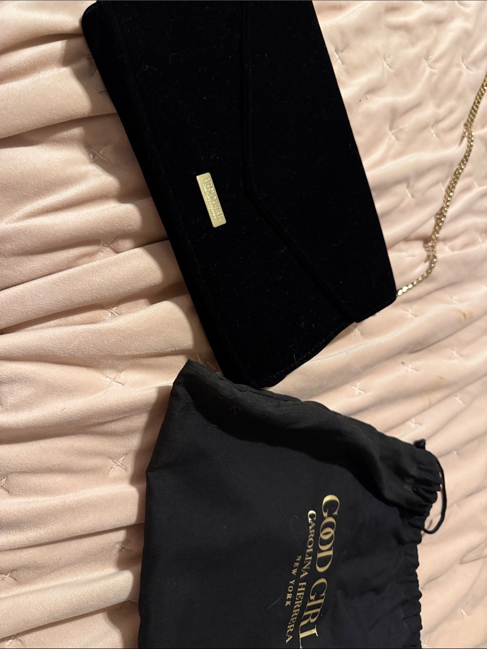 Carolina Herrera Black Velvet Envelope Clutch with Gold Accents